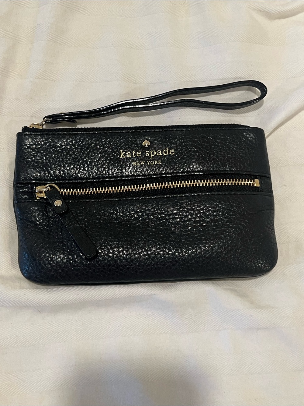 kate spade Black Pebbled Leather Zip Wristlet with Front Pocket